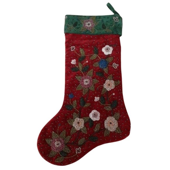 Intricately Beaded Velvet Christmas Stocking Floral Pattern Burgundy Dark Green - Picture 1 of 7